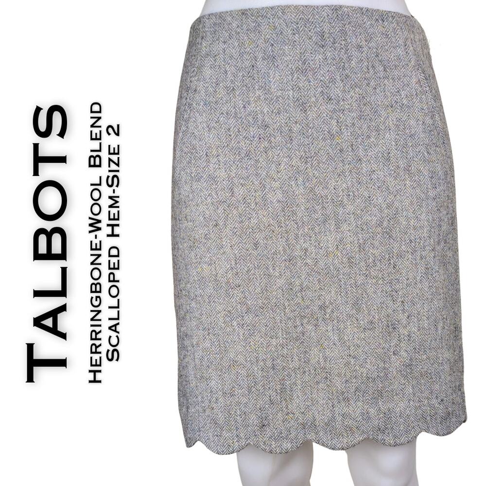 Talbots Herringbone Skirt 2 Gray Knit Wool Blend Scalloped Hem Career Preppy